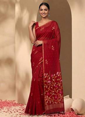 Red jamdani silk saree with floral pichwai work and blouse piece 2
