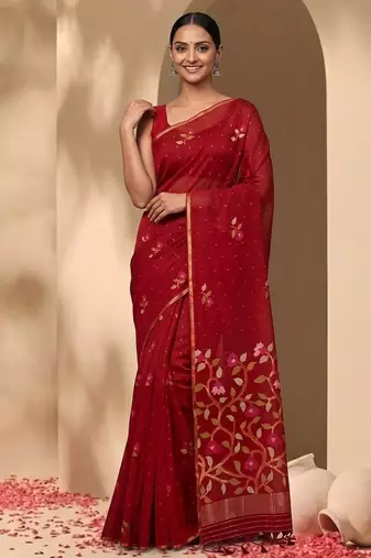 Red jamdani silk saree with floral pichwai work and blouse piece