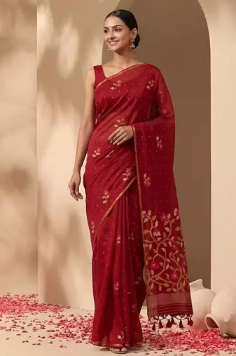 Red jamdani silk saree with floral pichwai work and blouse piece