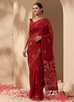 Red jamdani silk saree with floral pichwai work and blouse piece 4
