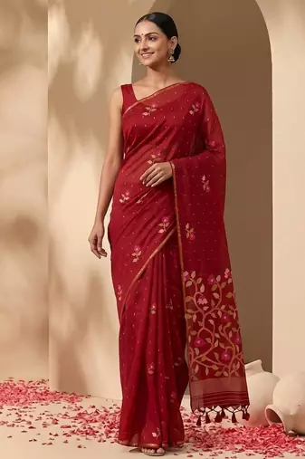 Red jamdani silk saree with floral pichwai work and blouse piece