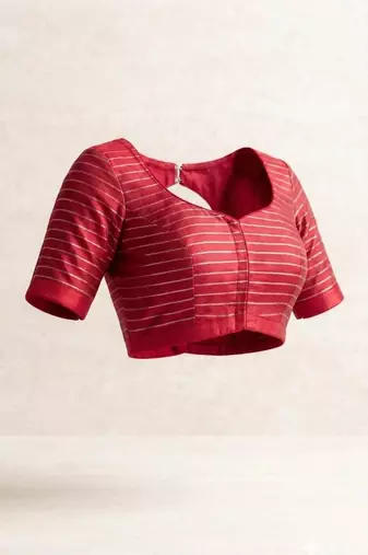 Red jamdani silk saree with floral pichwai work and blouse piece
