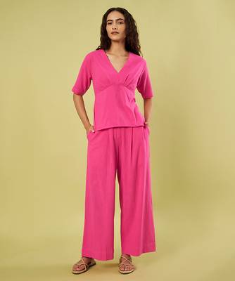 Pink handwoven khadi cotton co ord set 1