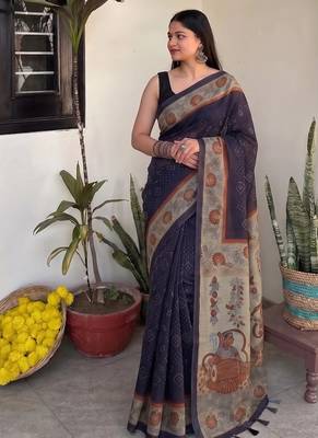 Violet chanderi cotton saree with floral kalamkari print and blouse piece 1