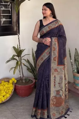 Violet chanderi cotton saree with floral kalamkari print and blouse piece