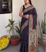 Violet chanderi cotton saree with floral kalamkari print and blouse piece