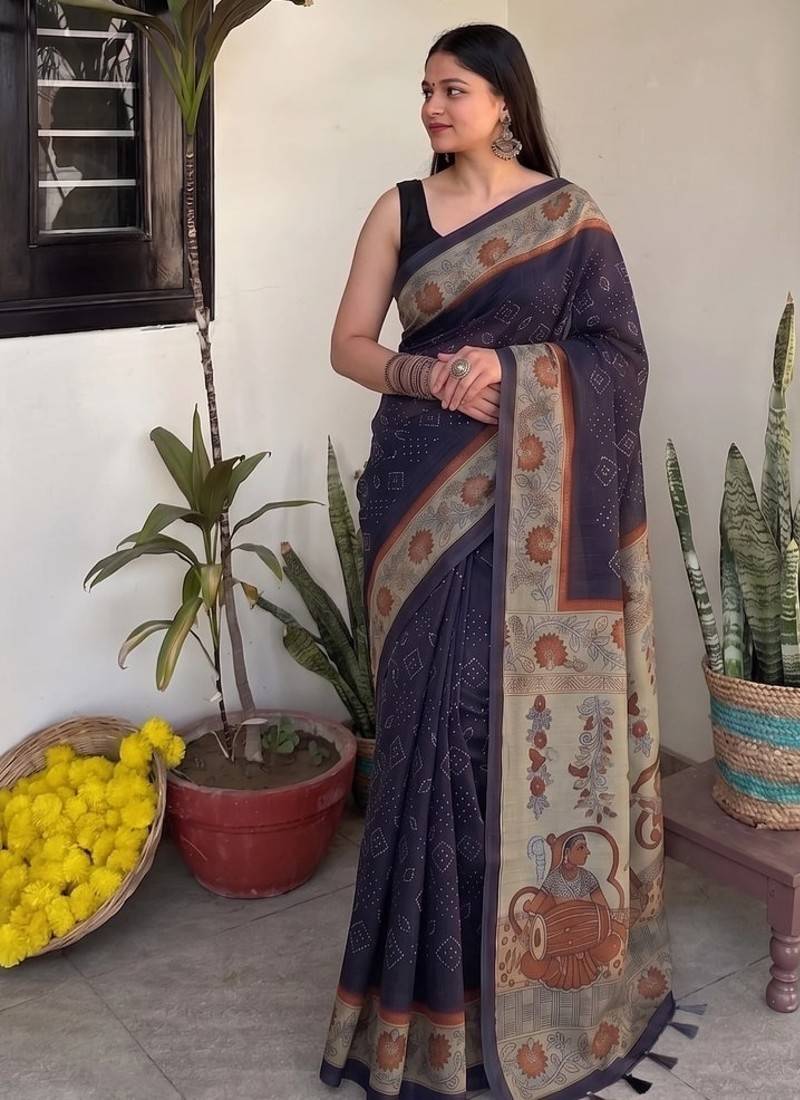 Violet chanderi cotton saree with floral kalamkari print and blouse piece