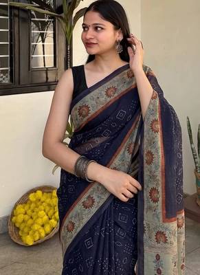 Violet chanderi cotton saree with floral kalamkari print and blouse piece 2