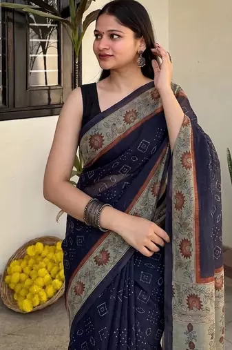 Violet chanderi cotton saree with floral kalamkari print and blouse piece
