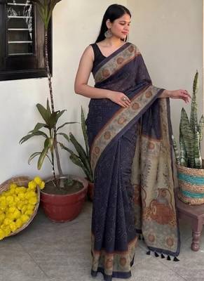 Violet chanderi cotton saree with floral kalamkari print and blouse piece 3