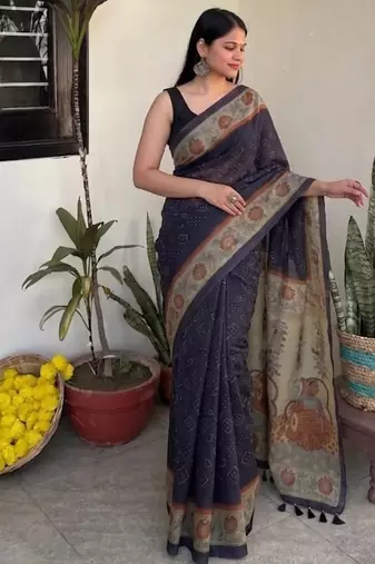 Violet chanderi cotton saree with floral kalamkari print and blouse piece