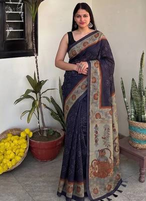 Violet chanderi cotton saree with floral kalamkari print and blouse piece 4