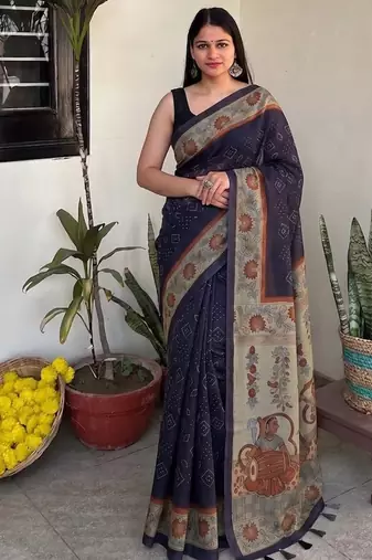 Violet chanderi cotton saree with floral kalamkari print and blouse piece