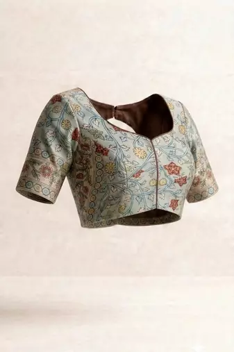 Violet chanderi cotton saree with floral kalamkari print and blouse piece