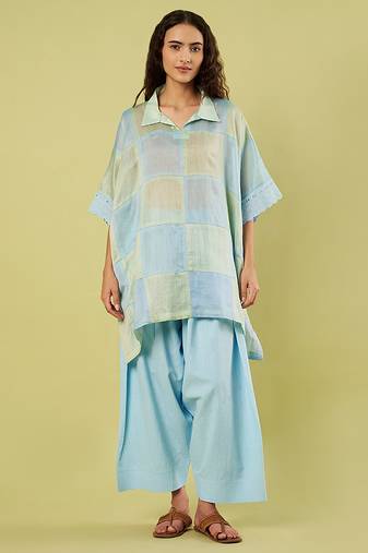 Light blue mint handwoven chanderi kaftan set