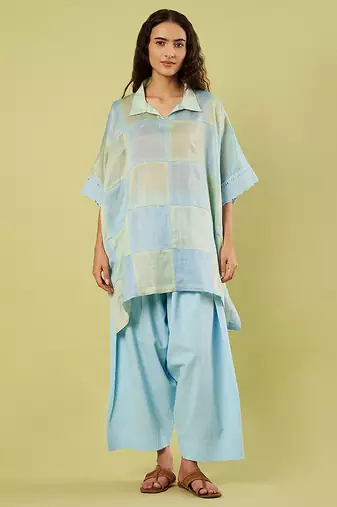 Light blue mint handwoven chanderi kaftan set