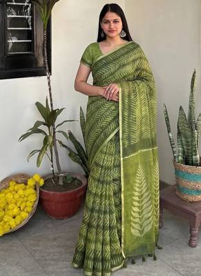 Green leheriya chanderi cotton saree with blouse piece 1
