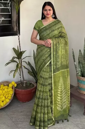 Green leheriya chanderi cotton saree with blouse piece
