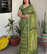 Green leheriya chanderi cotton saree with blouse piece