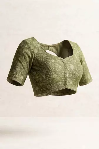 Green leheriya chanderi cotton saree with blouse piece
