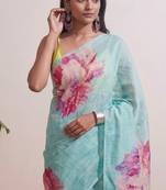 Sky blue floral chanderi silk saree with blouse piece