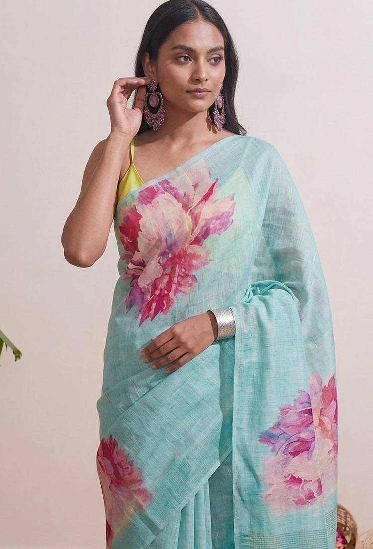 Sky blue floral chanderi silk saree with blouse piece