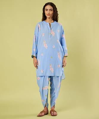 Light blue floral printed cotton kurta and dhoti pant 1