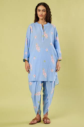 Light blue floral printed cotton kurta and dhoti pant