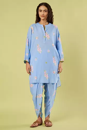 Light blue floral printed cotton kurta and dhoti pant