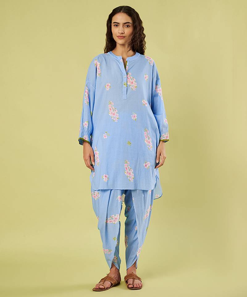 Light blue floral printed cotton kurta and dhoti pant