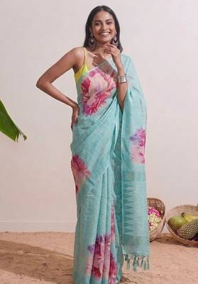 Sky blue floral chanderi silk saree with blouse piece 2
