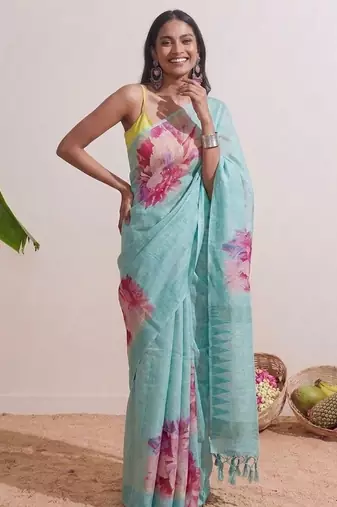 Sky blue floral chanderi silk saree with blouse piece