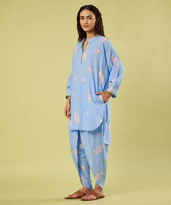 Light blue floral printed cotton kurta and dhoti pant 2