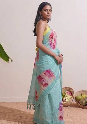 Sky blue floral chanderi silk saree with blouse piece 3