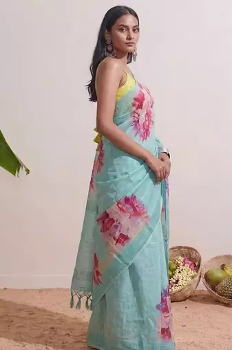 Sky blue floral chanderi silk saree with blouse piece