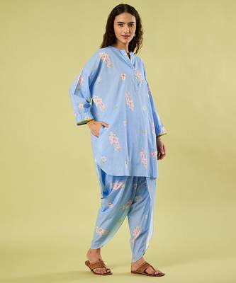 Light blue floral printed cotton kurta and dhoti pant 3