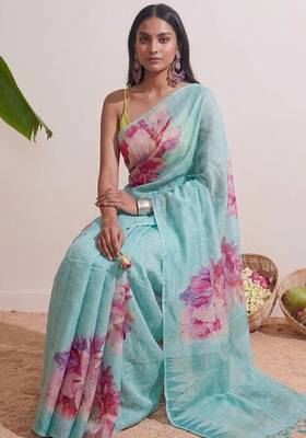 Sky blue floral chanderi silk saree with blouse piece 4
