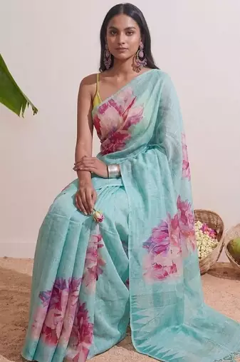 Sky blue floral chanderi silk saree with blouse piece