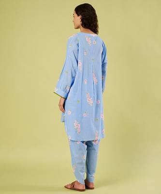 Light blue floral printed cotton kurta and dhoti pant 4