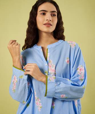 Light blue floral printed cotton kurta and dhoti pant 5