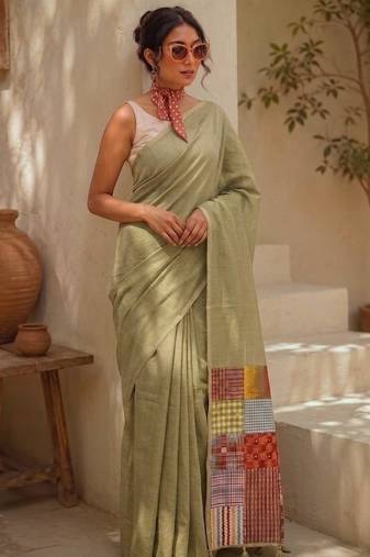 Sage green cotton silk saree with woven patchwork and blouse piece