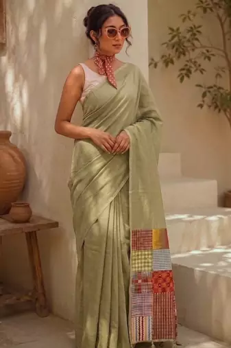 Sage green cotton silk saree with woven patchwork and blouse piece