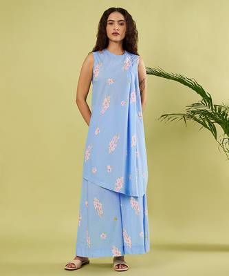 Light blue floral printed cotton kurta and palazzo pant 1