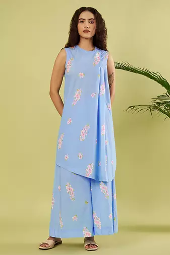 Light blue floral printed cotton kurta and palazzo pant