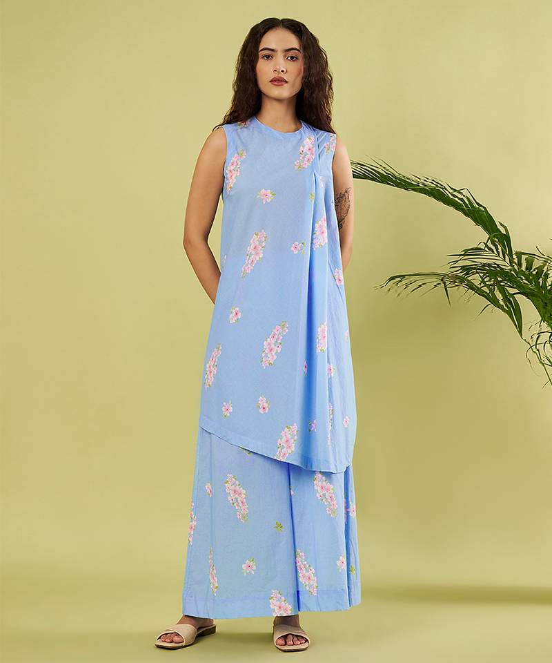 Light blue floral printed cotton kurta and palazzo pant