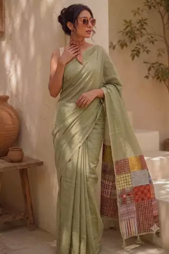 Sage green cotton silk saree with woven patchwork and blouse piece