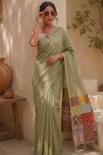 Sage green cotton silk saree with woven patchwork and blouse piece