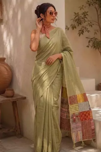 Sage green cotton silk saree with woven patchwork and blouse piece