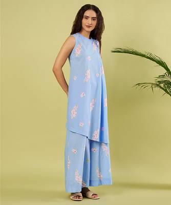 Light blue floral printed cotton kurta and palazzo pant 3