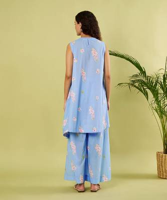 Light blue floral printed cotton kurta and palazzo pant 4